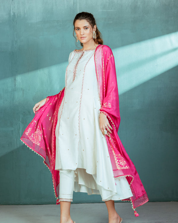 Ivory Chanderi Godet Kurta Pant Set