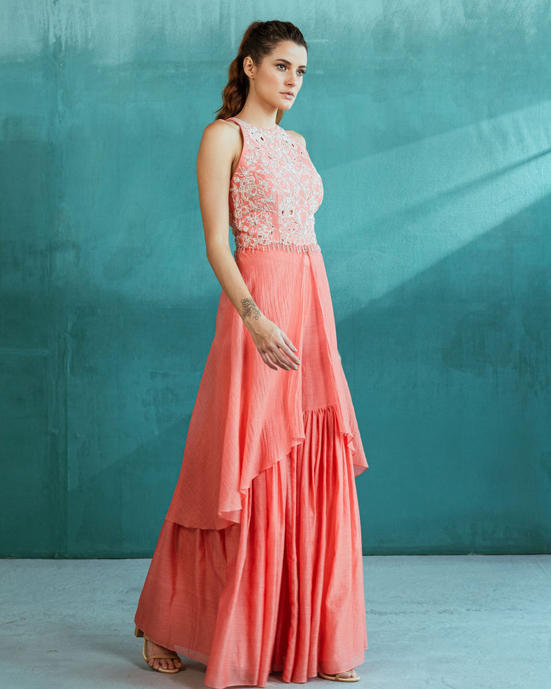 Pink Chanderi Enbroidered Kurta With Sharara