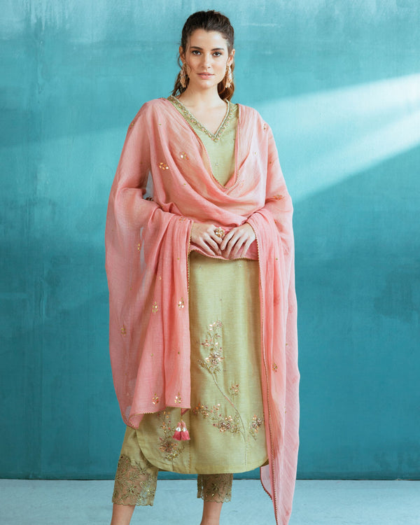 Pista Green Tissue Chanderi Kurta Pant Set