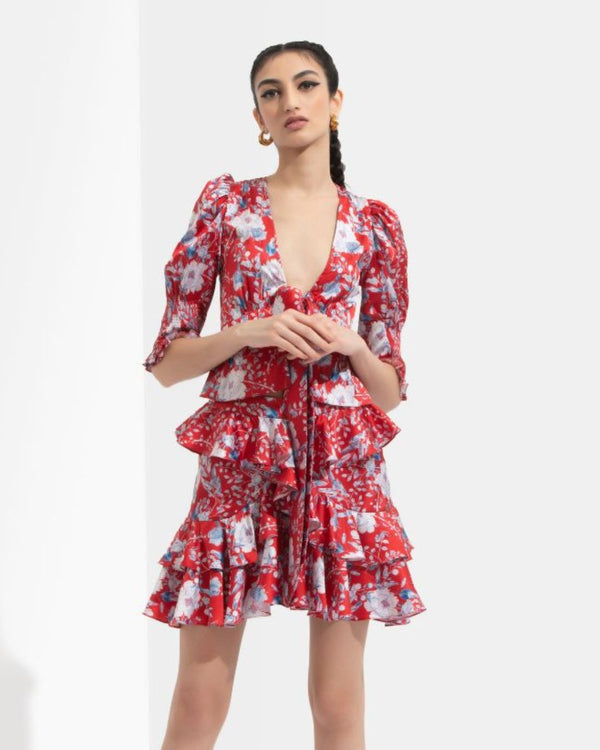 Ajisia Printed Tie Up Top With Printed Skirt