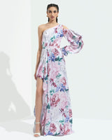 Iris Printed One Off Shoulder High Low Dress