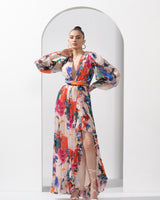 Ivory printed chiffon slit dress
