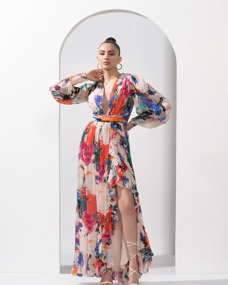 Ivory printed chiffon slit dress