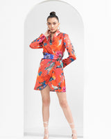 Satin Red Garden Printed Blazer Dress