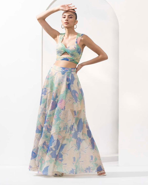 Mystic green mesh lurex printed co-ord set