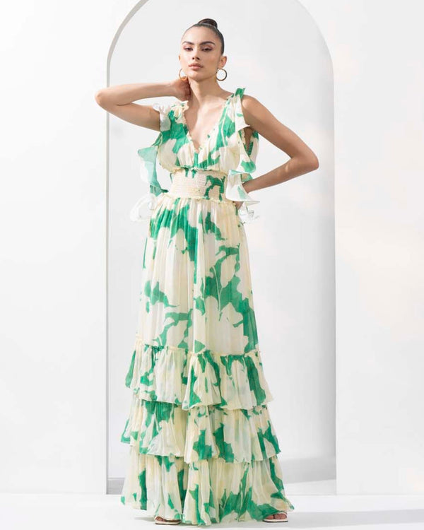 Bling texture Chiffon printed tiered dress