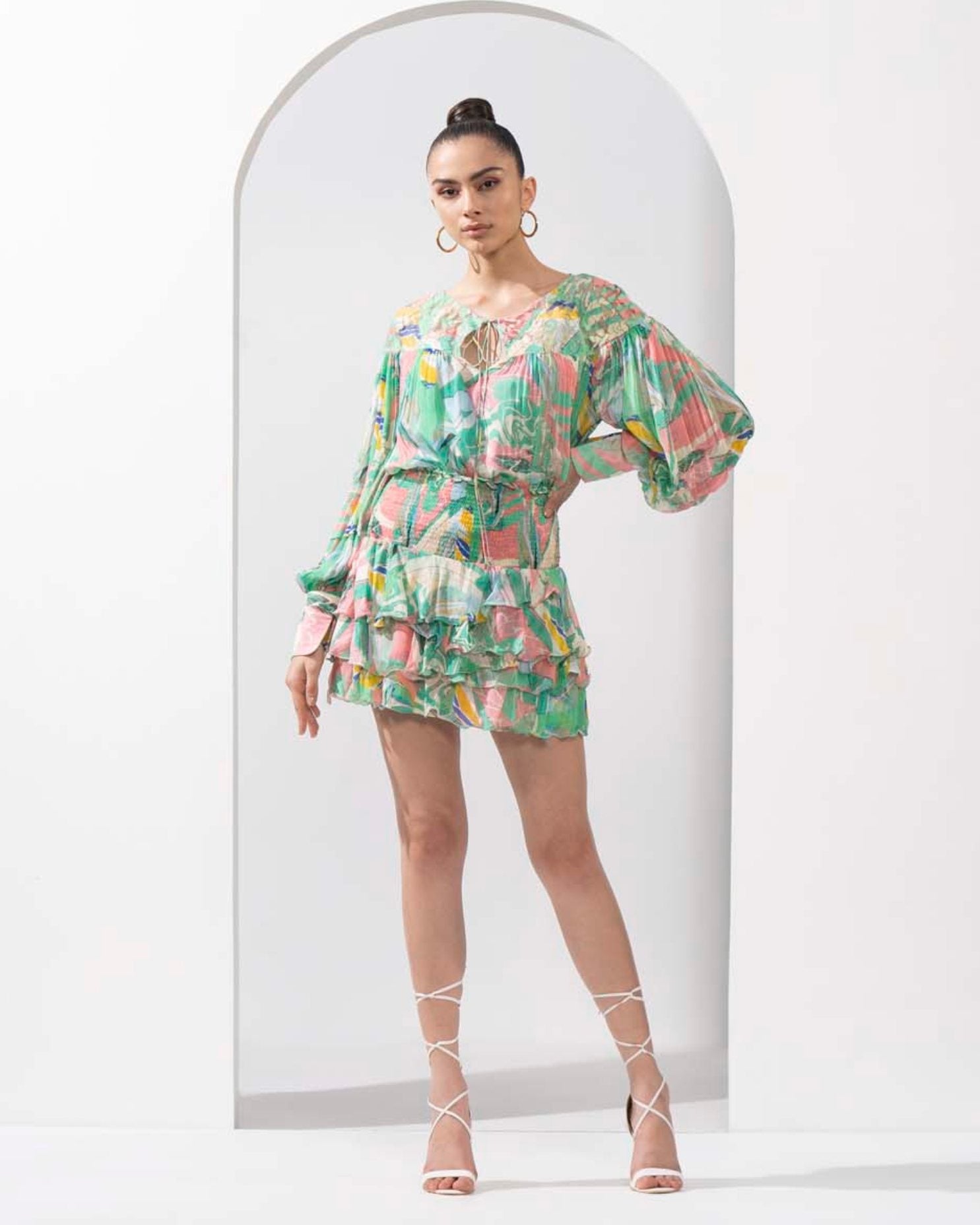 Mint & Pink abstract printed top & skirt chiffon set with cutwork chantley detailing.