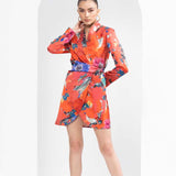 Red garden printed wrapped blazer dress