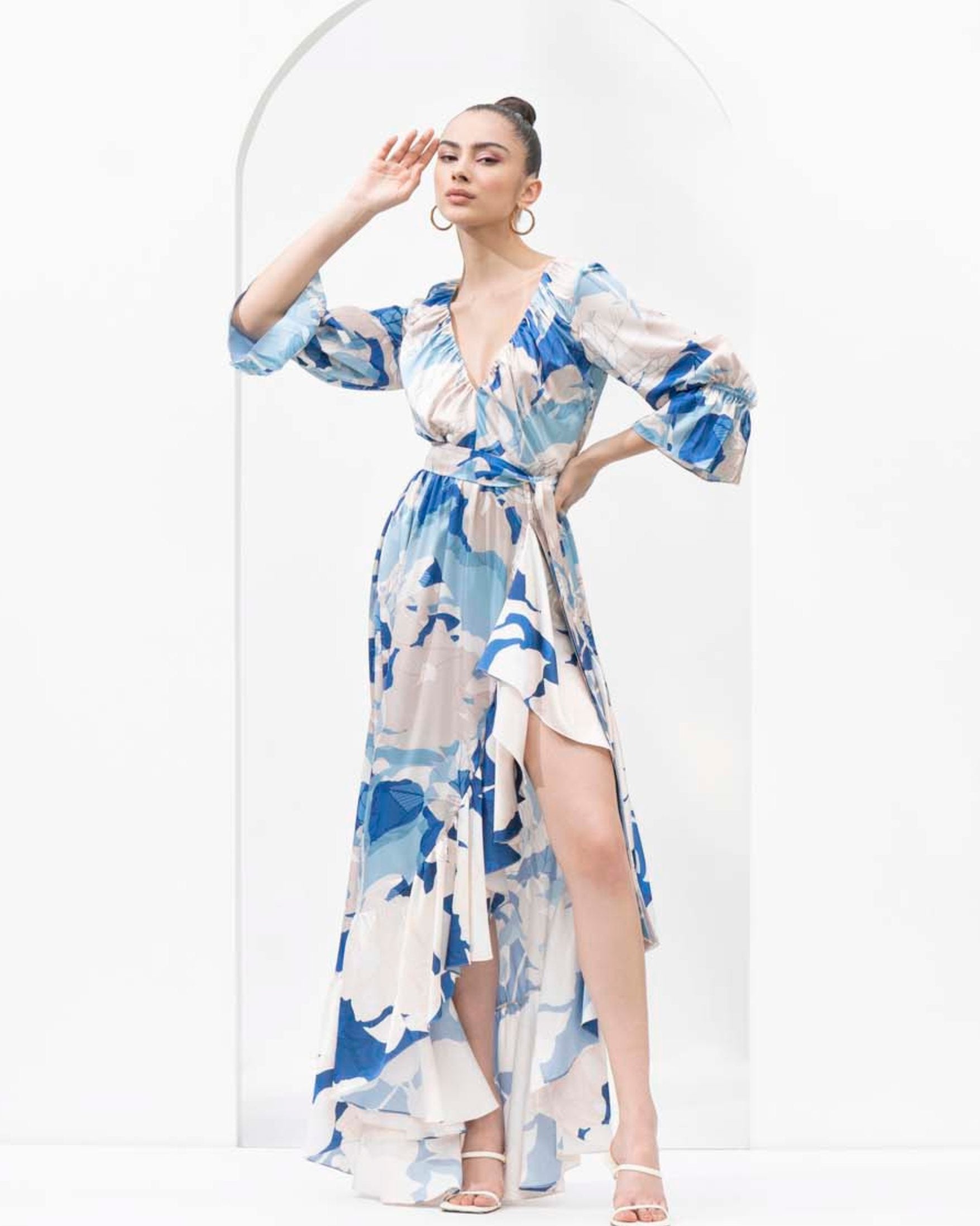 Mystic blue texture printed dress with an asymmetric hemline.