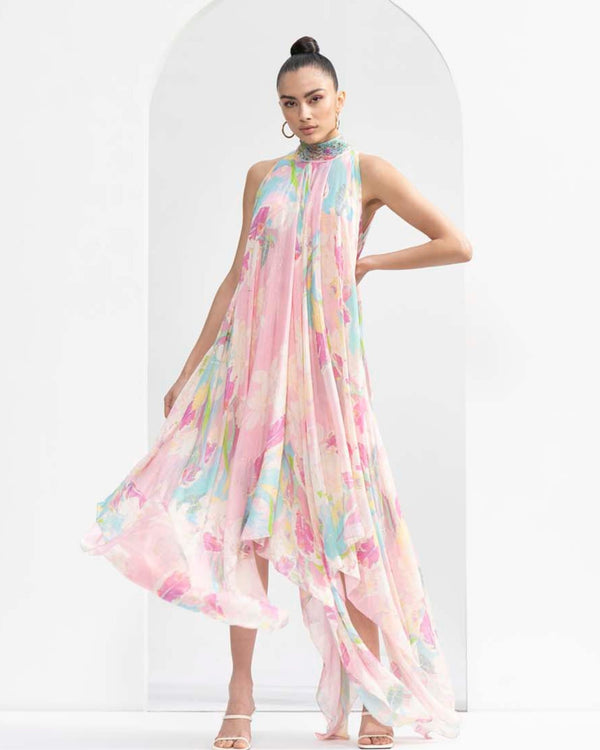 Gold foil tropical printed high-low dress