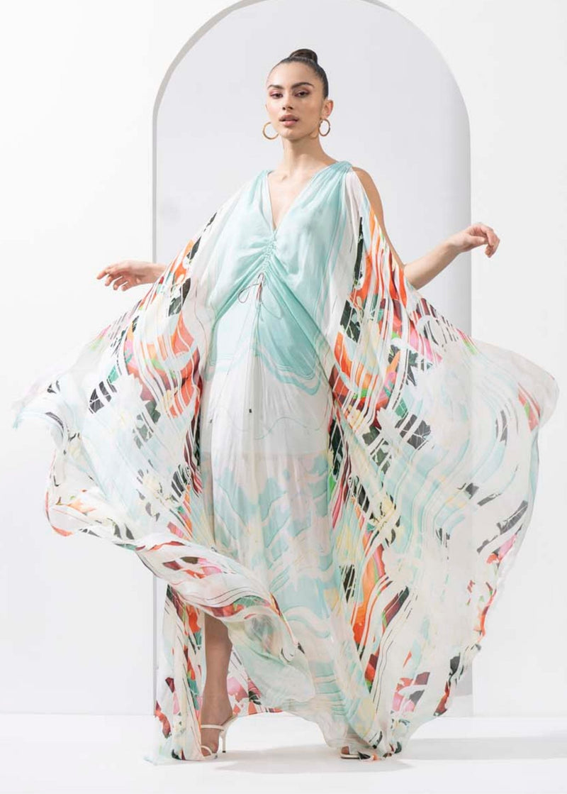 Ocean blue printed chiffon kaftan