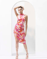 Pink velvet printed short dress