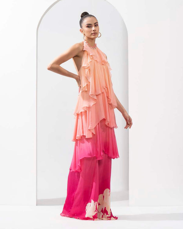 Ombre printed chiffon tiered dress