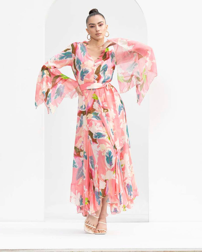 Peach tropical chiffon dress