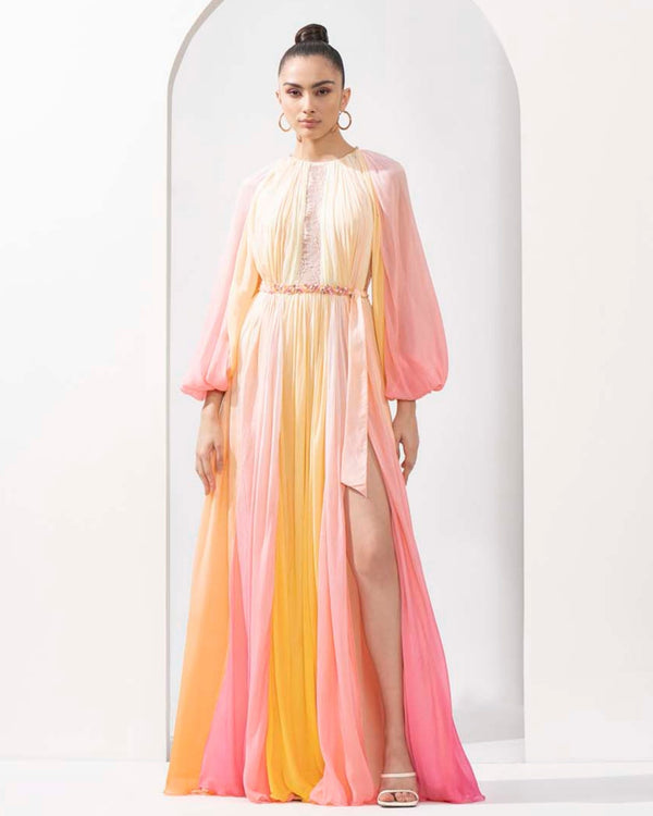 Multicolor ombre printed chiffon dress