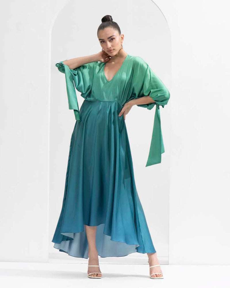 Ombre printed lustrous satin dress with a high-low hemline