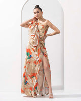Mystic orange printed one-shoulder dress