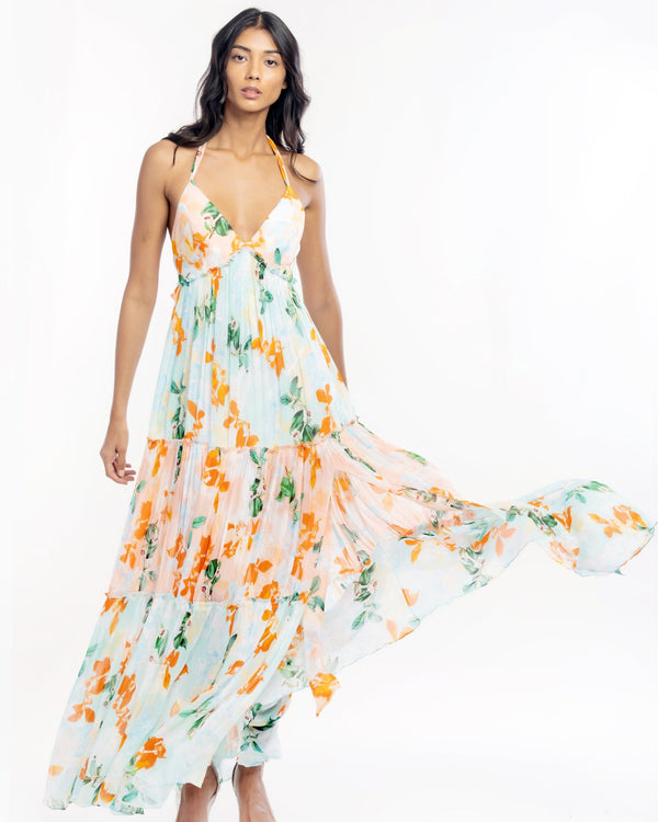 Chiffon Printed  Layered Halter Neck Dress