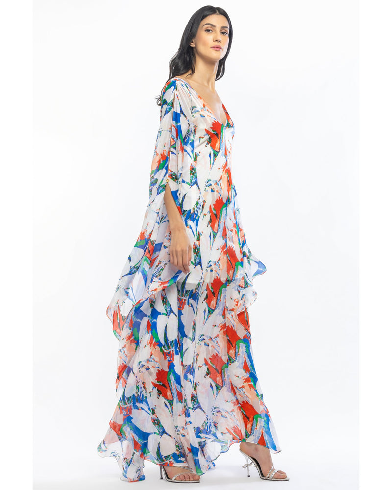 Tropical ivory blue kaftan dress
