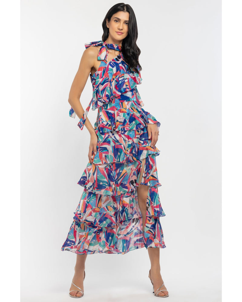 Blue one shoulder layered maxi dress