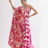 Fuchsia Print Blocked Kaftan Dress