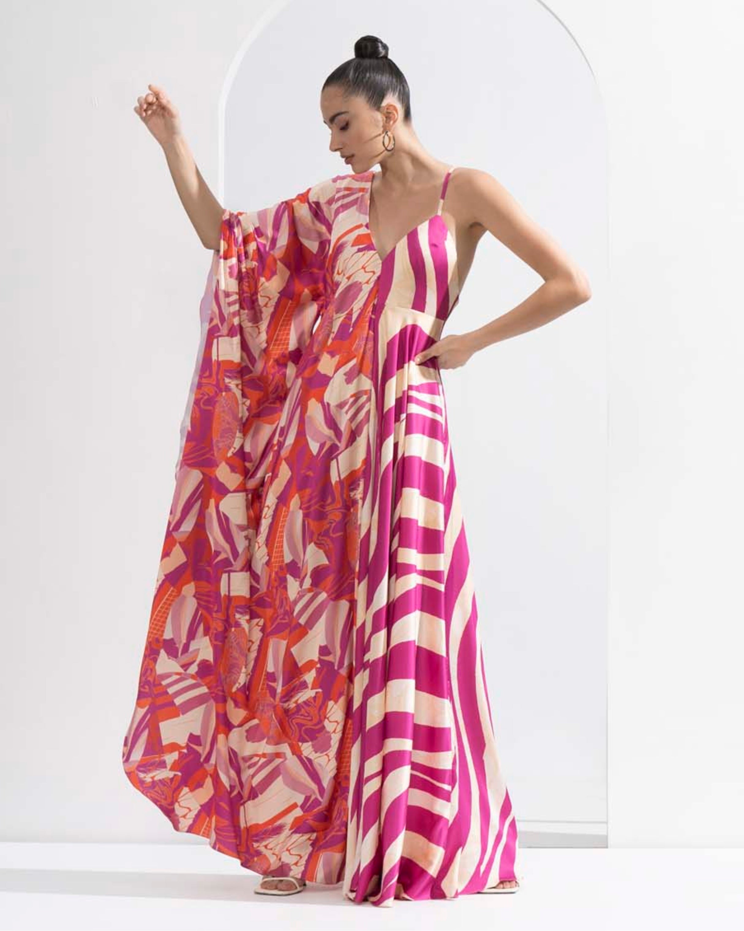 Fuchsia print blocked kaftan made from lustrous satin with a deep back.