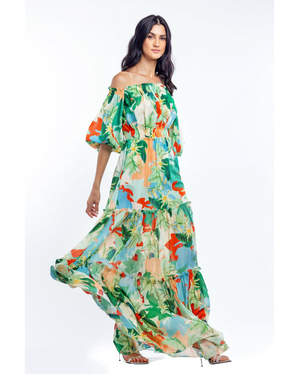 Cotton Lurex Printed Off Shoulder Long Dress