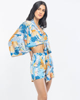 Blue kimono Tie-up shorts set