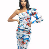 Satin Printed One Shoulder Draped Dress