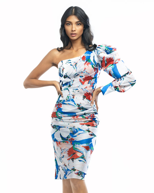 Satin Printed One Shoulder Draped Dress