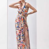 Abstract printed draped halter neck dress