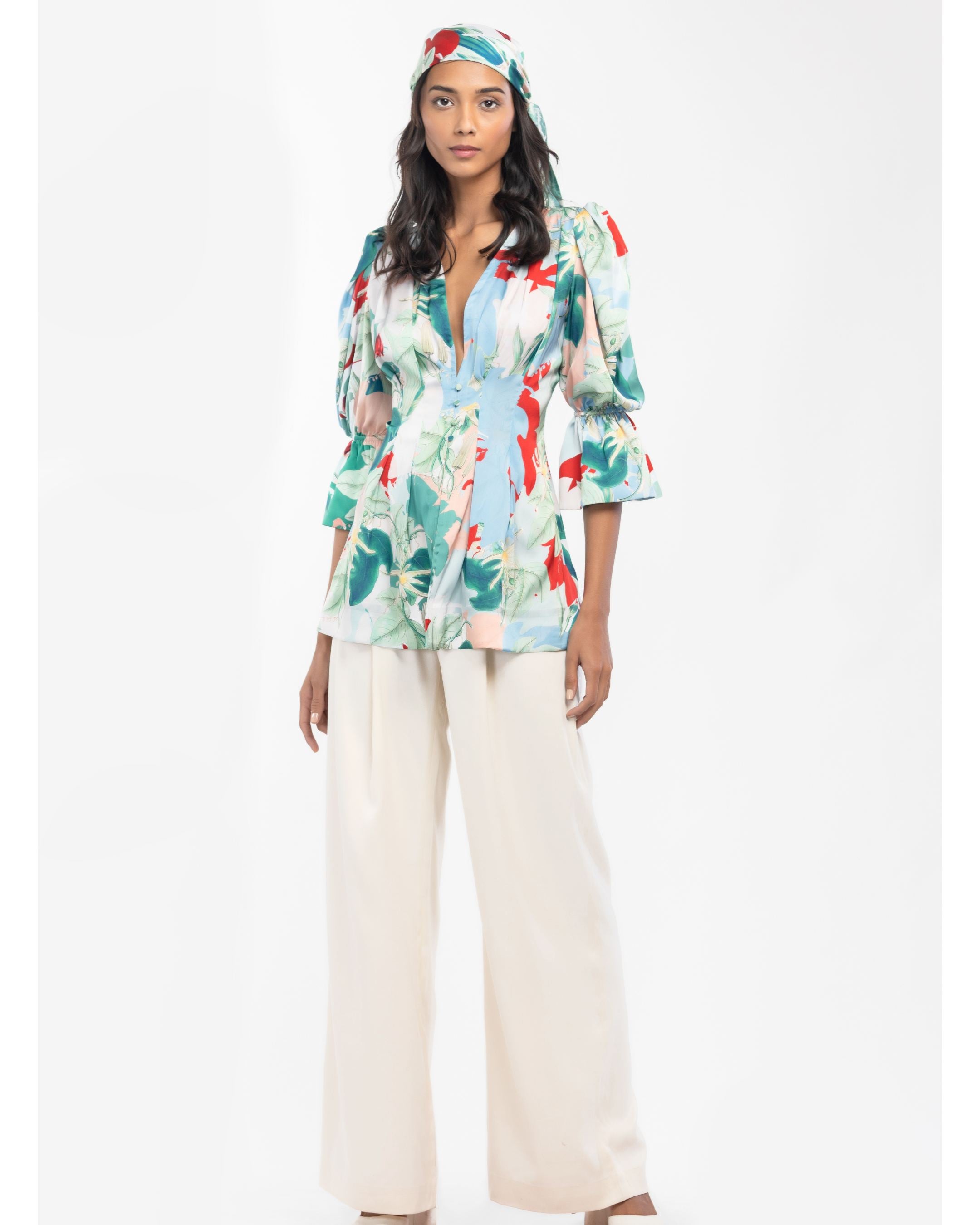 Satin Printed Pleted Top With Ivory Dust Satin Pleated Pants