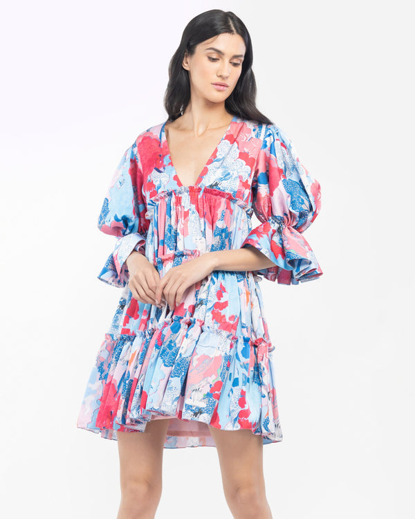 Satin Printed Short Tiered Dress