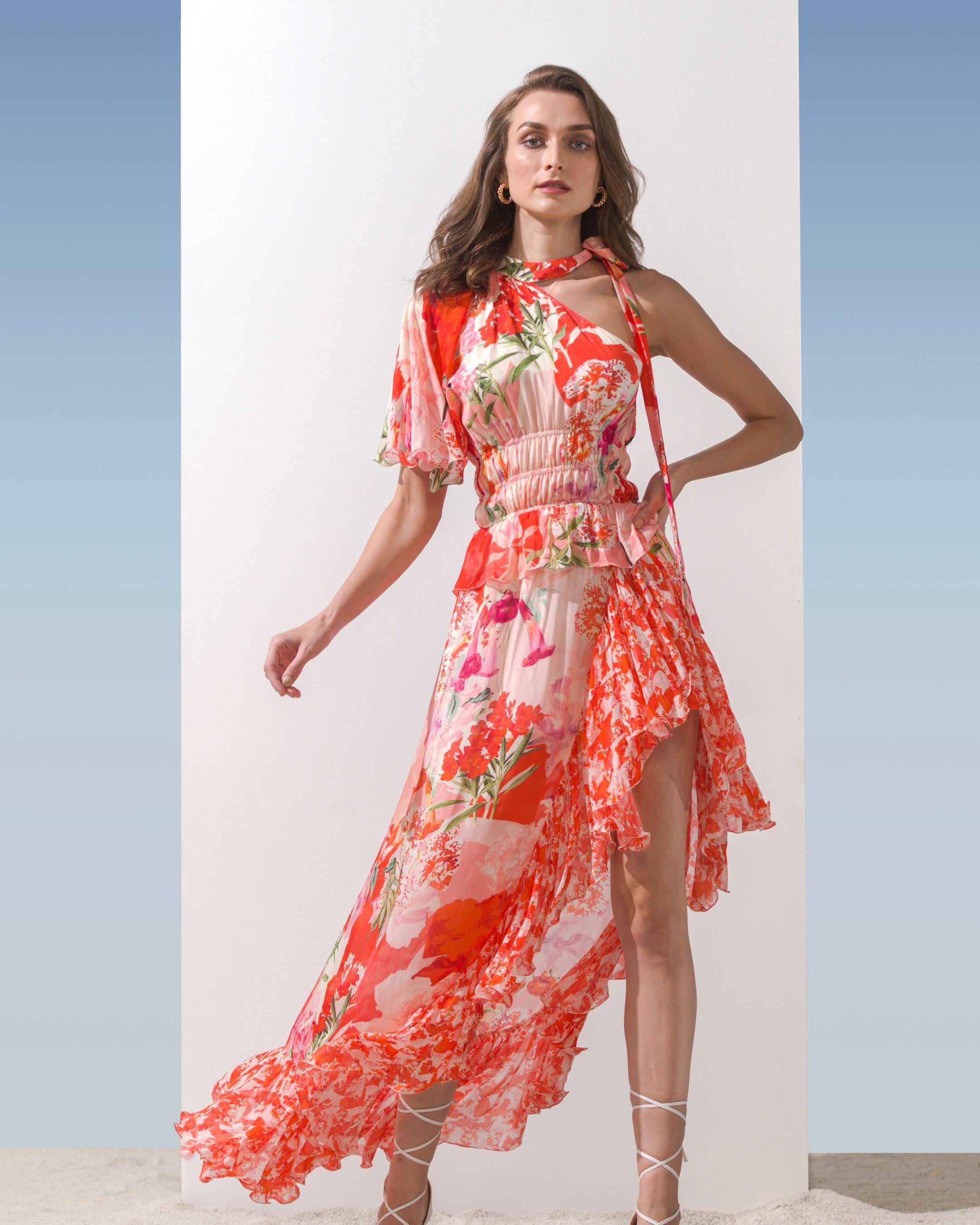 Chiffon Coral Printed Frill Dress