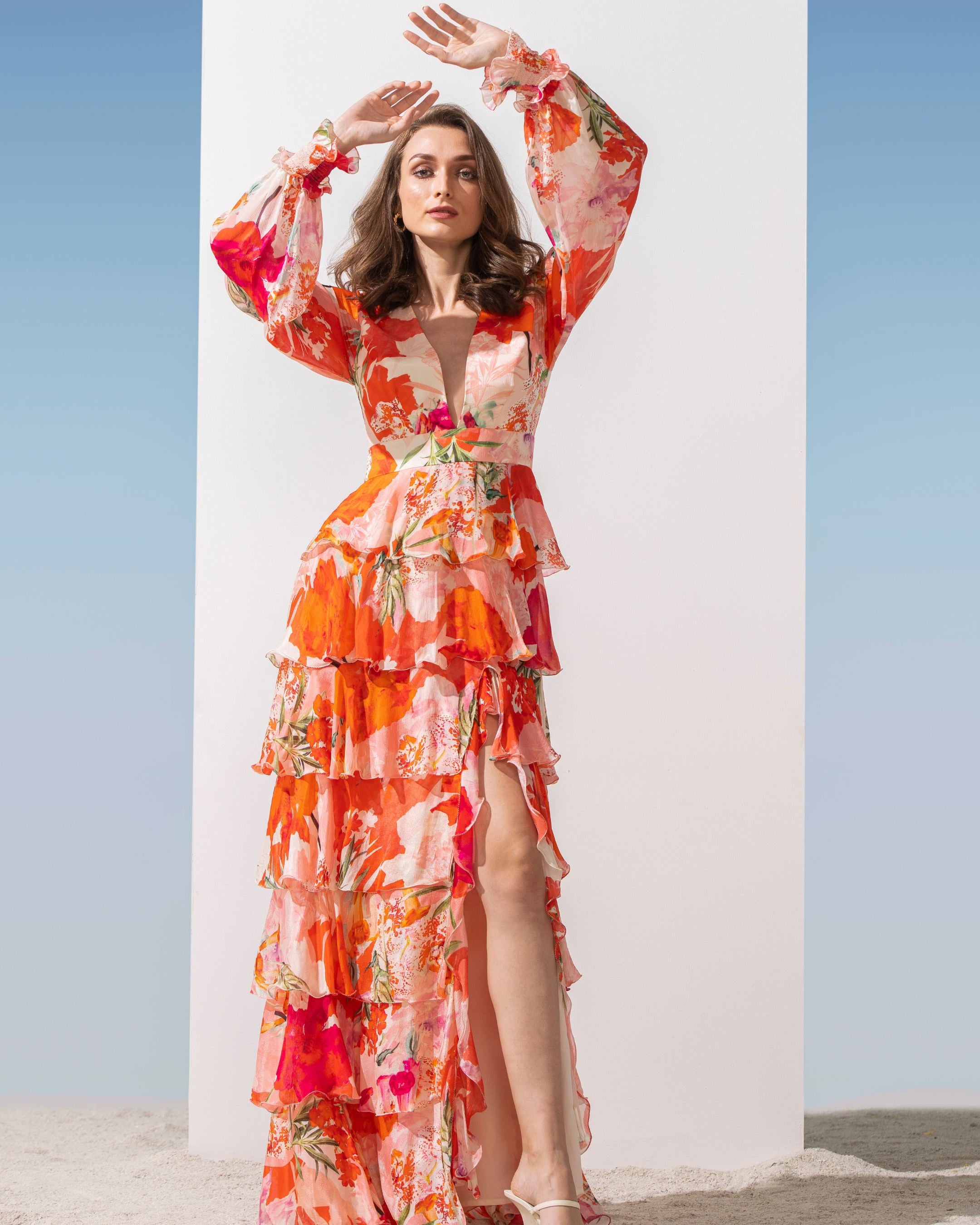 Chiffon coral printed tiered dress