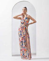 Abstract printed draped halter neck dress