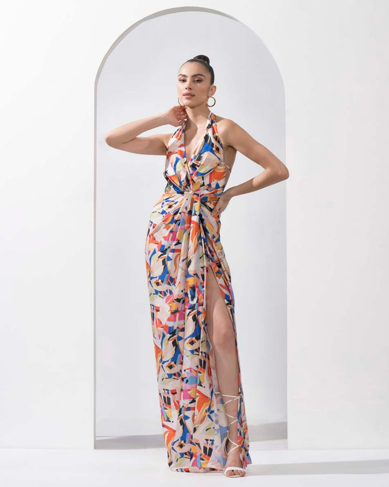 Abstract printed draped halter neck dress