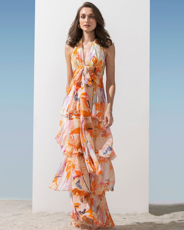 Chiffon orange printed halter tiered dress