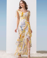 Chiffon Yellow Mutli Printed Tie Shoulder Dress