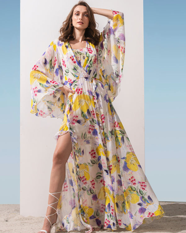 Chiffon yellow printed long dress