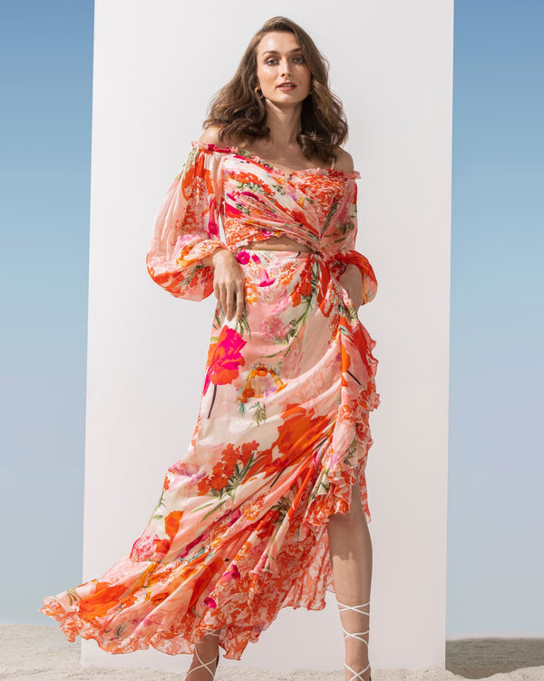 Chiiffon coral printed layered dress