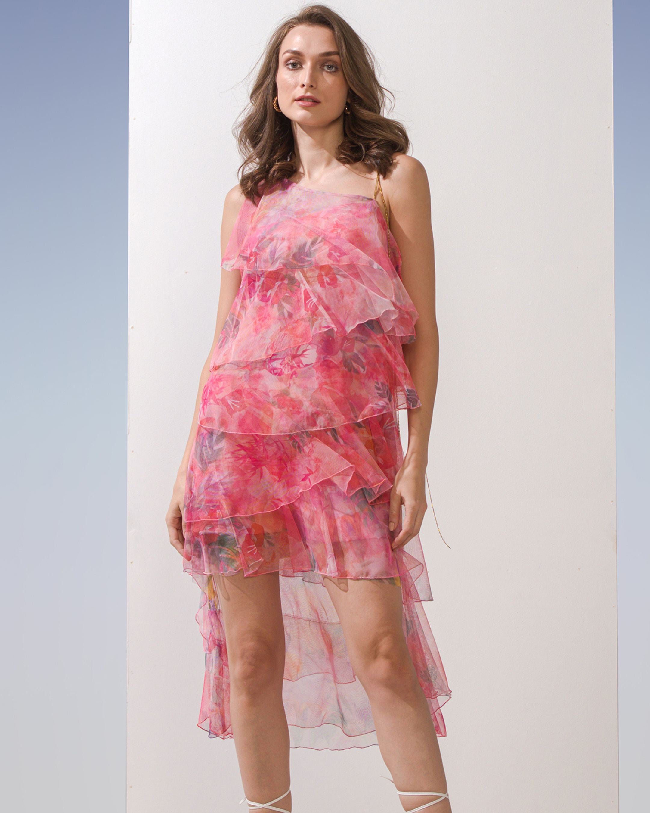 Pink net printed tiered dress