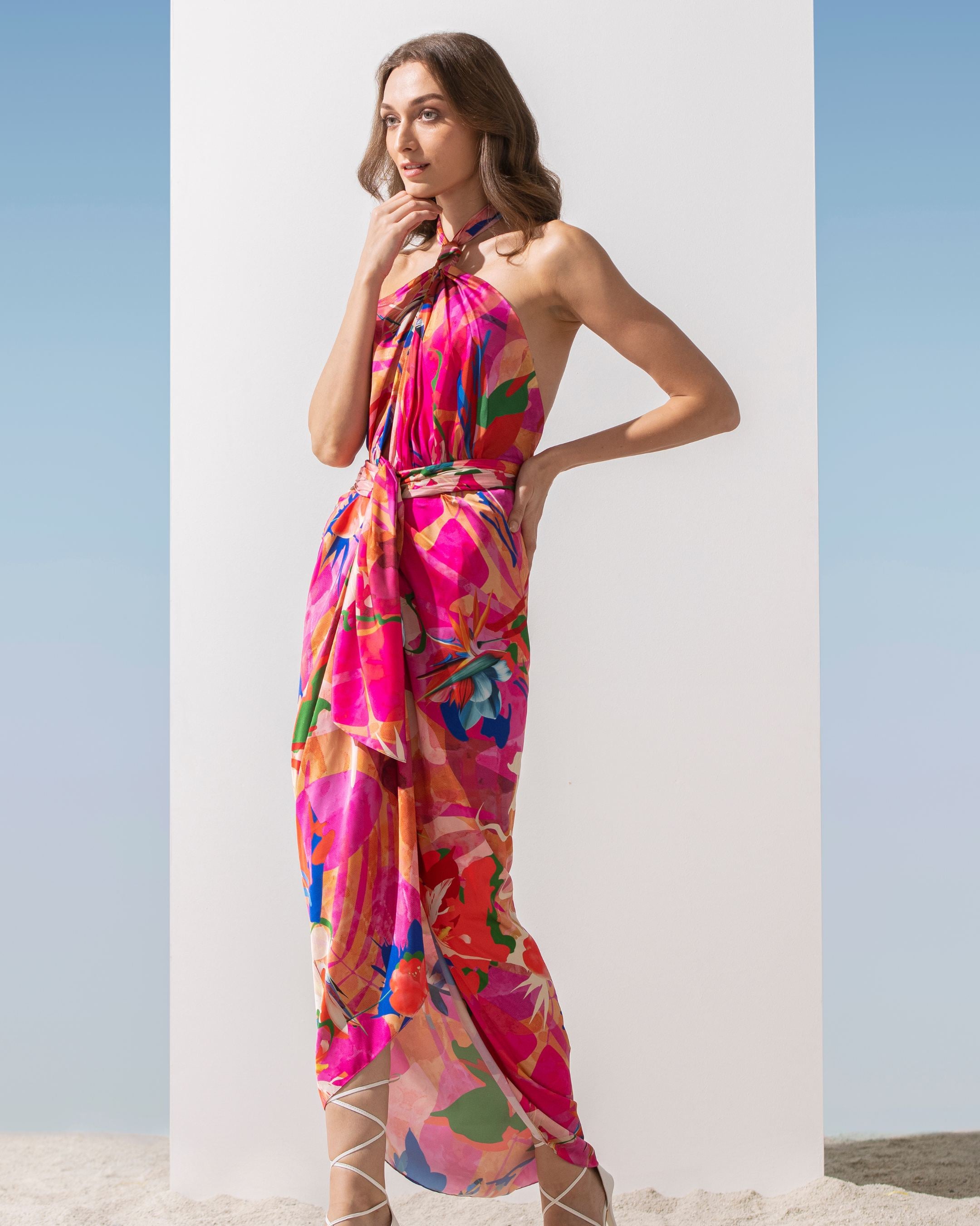 Satin multi pink printed halter dress