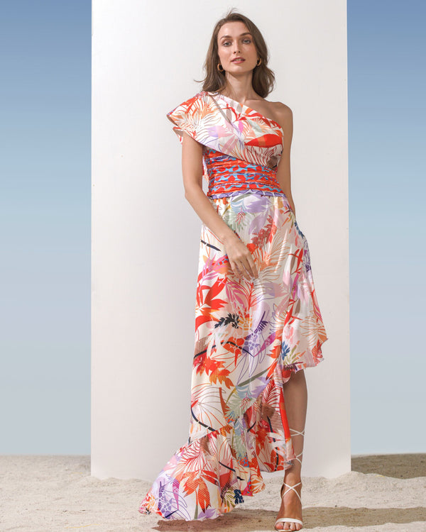 Satin Orange Multi Printed One Shoulder Dress