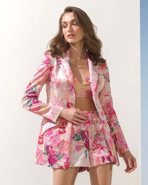 Satin pink multi blazer set