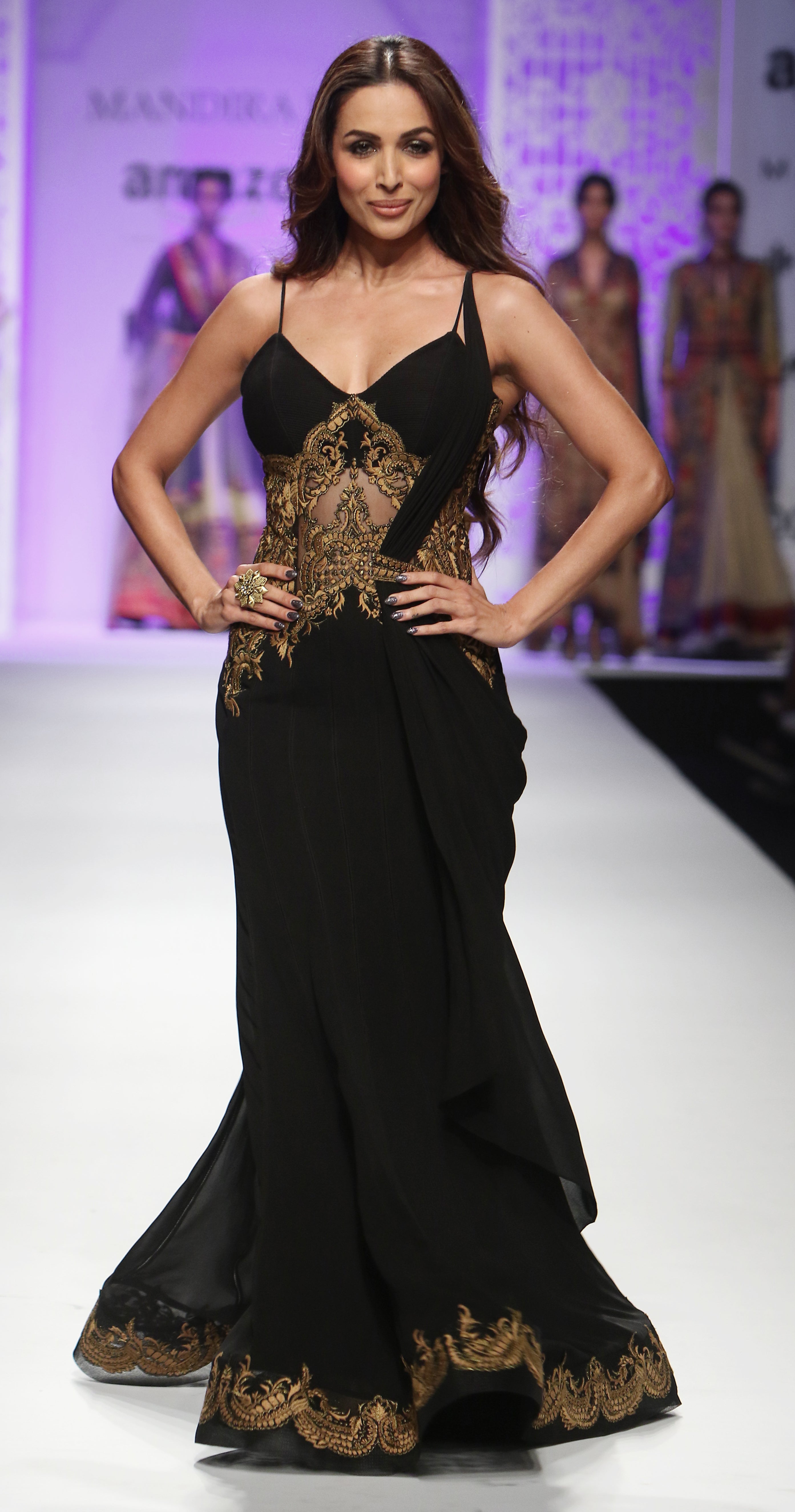 Black and gold embroidered royal georgette evening gown