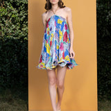 Hibiscus Printed Halter Neck Short Dress