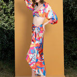 Pop Abstract Printed Satin Top & Wrap Skirt