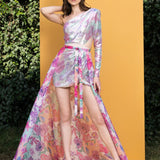 Hibiscus print sequin one-shoulder tulip dress