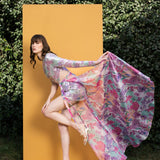Hibiscus print sequin one-shoulder tulip dress